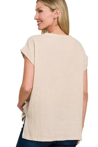 Zenana Double Gauze Round Neck Folded Short Sleeve Top - Update AvenueT-ShirtsTrendsi100100738271530100100738271530a79718cb - d2b1 - 4bae - 9826 - 116ceae90a36 - Max - OriginSAND BEIGE