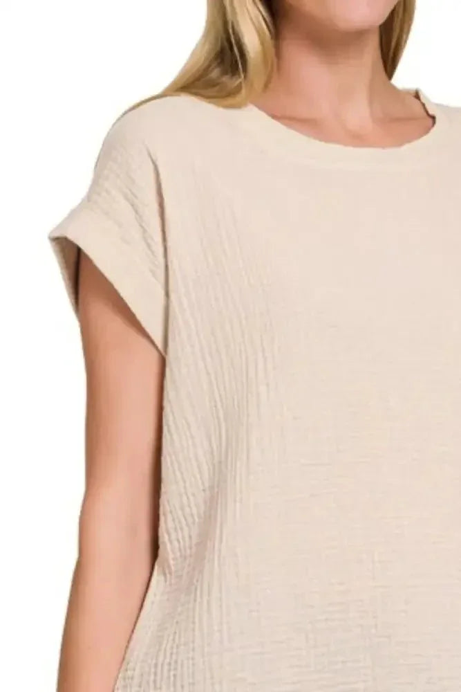 Zenana Double Gauze Round Neck Folded Short Sleeve Top - Update AvenueT-ShirtsTrendsi100100738271530100100738271530d5a5914d - db54 - 44c3 - a15d - aba8b948ea20 - Max - OriginSAND BEIGE