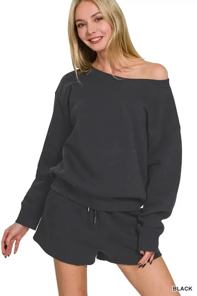 Zenana Fleece Boat Neck Sweatshirt and Shorts Set - Update AvenueDaily EssentialsTrendsi10010005696127110010005696127169208999891f446b8bfb05a715ce3011 - Max - OriginBLACK