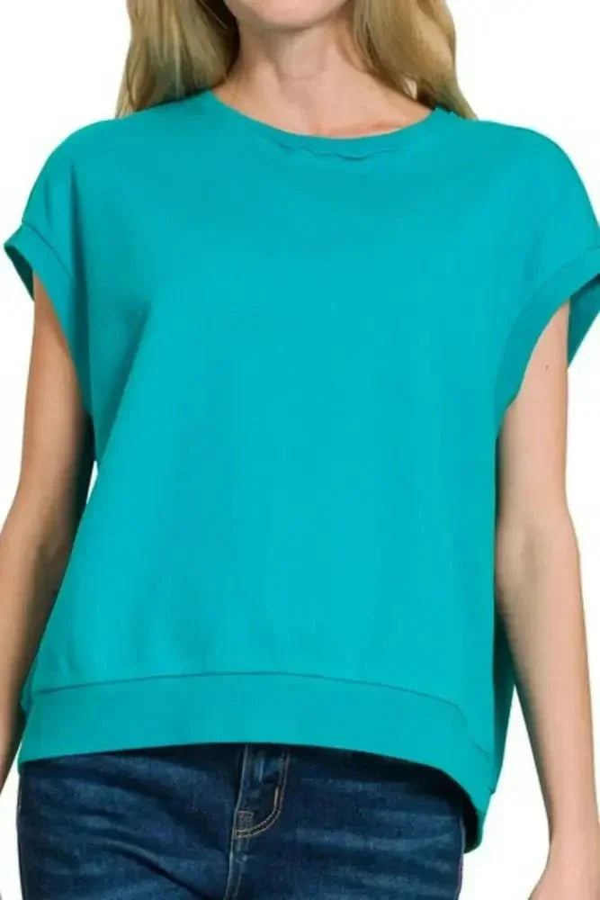Zenana French Terry Round Neck Cap Sleeve T-Shirt - Update AvenueT-ShirtsTrendsi1001003500218121001003500218122ecd486c - 24de - 4acf - ba38 - ecae271b382b - Max - OriginLT TEAL
