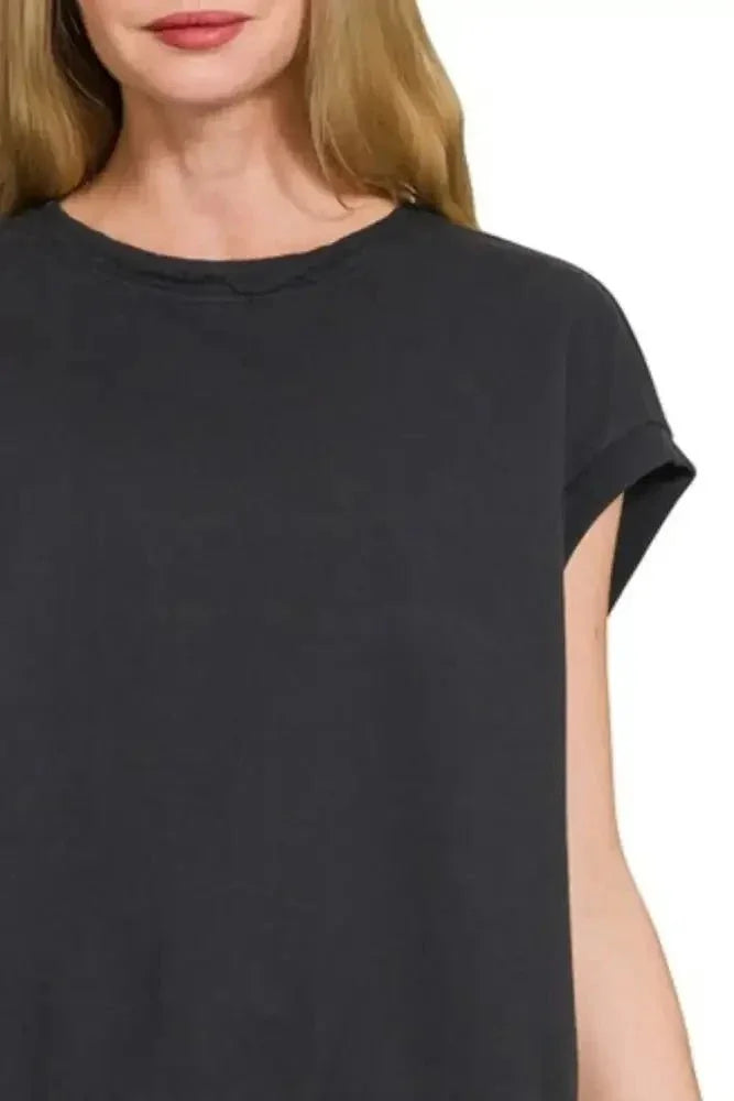 Zenana French Terry Round Neck Cap Sleeve T-Shirt - Update AvenueT-ShirtsTrendsi100100639271622100100639271622c831913f - 2b56 - 4d19 - b89c - 83746b443882 - Max - OriginBLACK