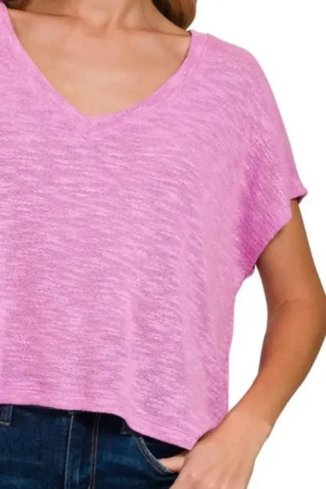 Zenana Hacci Slub V - neck Drop Shoulder Crop Top - Update AvenueT-ShirtsTrendsi100100091021606100100091021606b5df275f - 0724 - 4b53 - 954c - 074a0f05d56c - Max - OriginBRIGHT MAUVE