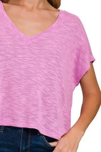 Zenana Hacci Slub V - neck Drop Shoulder Crop Top - Update AvenueT-ShirtsTrendsi100100091021606100100091021606b5df275f - 0724 - 4b53 - 954c - 074a0f05d56c - Max - OriginBRIGHT MAUVE