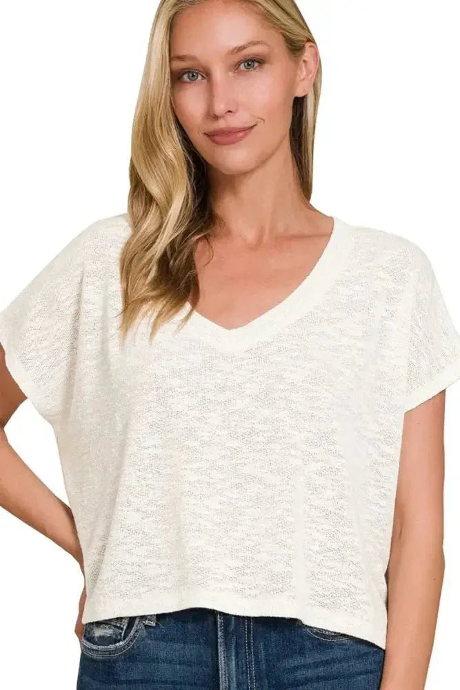 Zenana Hacci Slub V - neck Drop Shoulder Crop Top - Update AvenueT-ShirtsTrendsi1001002764617391001002764617392a1cfa38 - 5bc9 - 459a - 9011 - edb84058c673 - Max - OriginIVORY