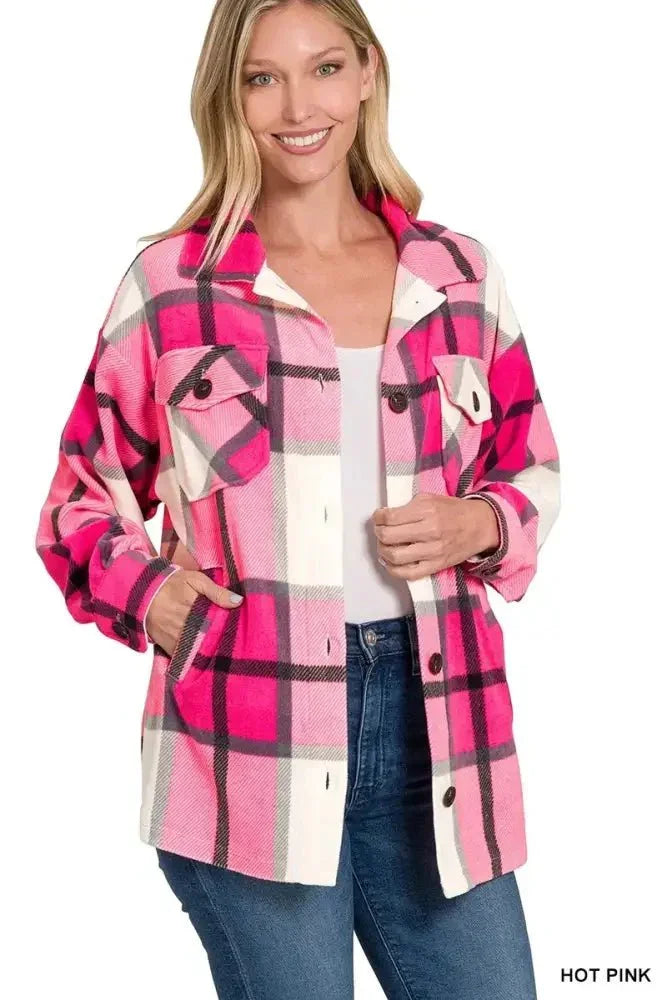 Zenana Oversized Plaid Fleece Shacket - Update AvenueTrendsi100100042161588100100042161588cea654a2681a40629c00b32c7cacd25a - Max - OriginHOT PINK
