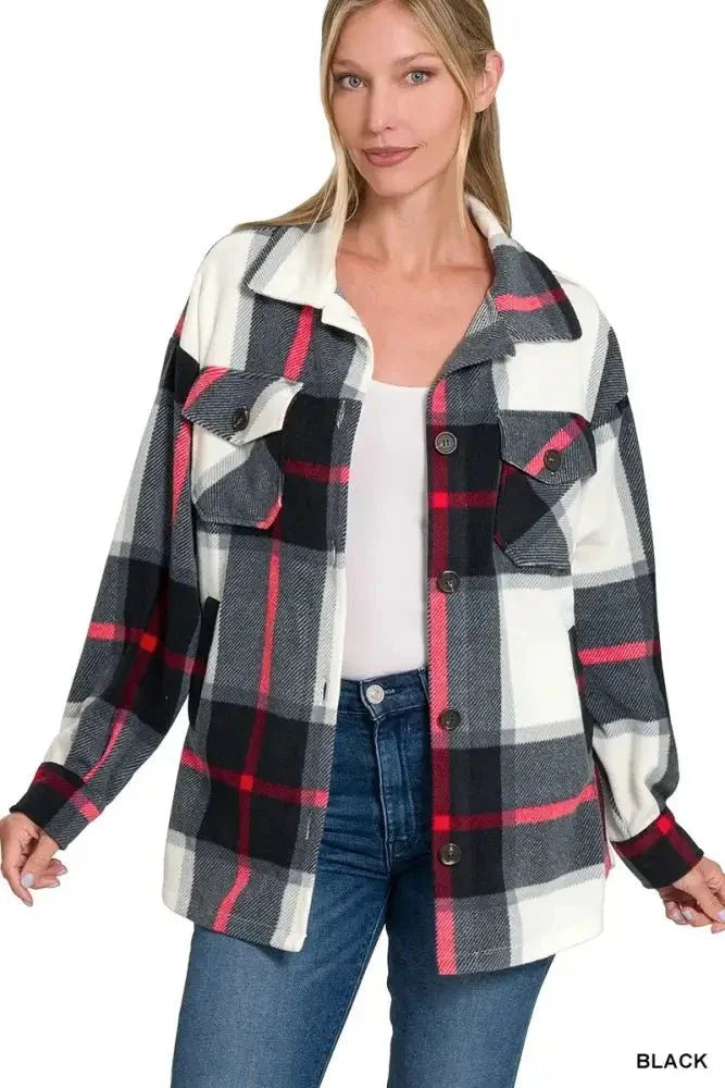 Zenana Oversized Plaid Fleece Shacket - Update AvenueTrendsi1001004911815581001004911815582e4fabfd538b4fb69f9ab5fa7ccf2348 - Max - OriginBLACK