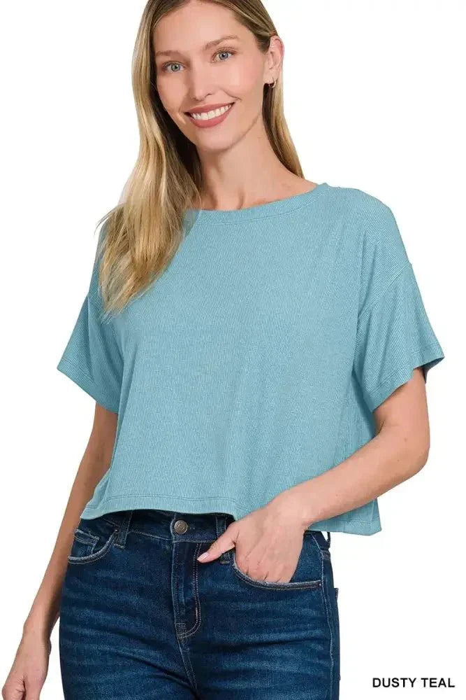 Zenana Ribbed Round - Neck Crop T-Shirt - Update AvenueT-ShirtsTrendsi1001009757515071001009757515070f6350cb574b4d71a6dae9926fb3f2ba - Max - OriginDUSTY TEAL