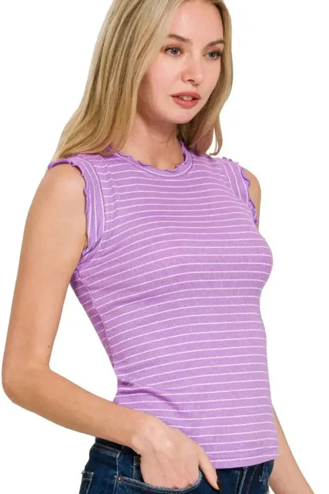 Zenana Ribbed Ruffle Trim Sleeveless Stripe Top - Update AvenueTrendsi100100364741034100100364741034d949396a - 4cfd - 4433 - 9e4f - 3e4216c40c2c - Max - OriginB LAVENDER/WHITE