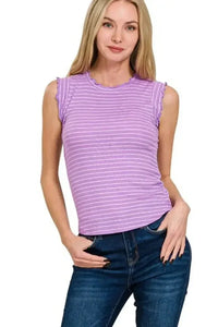 Zenana Ribbed Ruffle Trim Sleeveless Stripe Top - Update AvenueTrendsi100100364741034100100364741034fb6fda01 - e5ca - 40cd - a644 - cbc504348a0f - Max - OriginB LAVENDER/WHITE