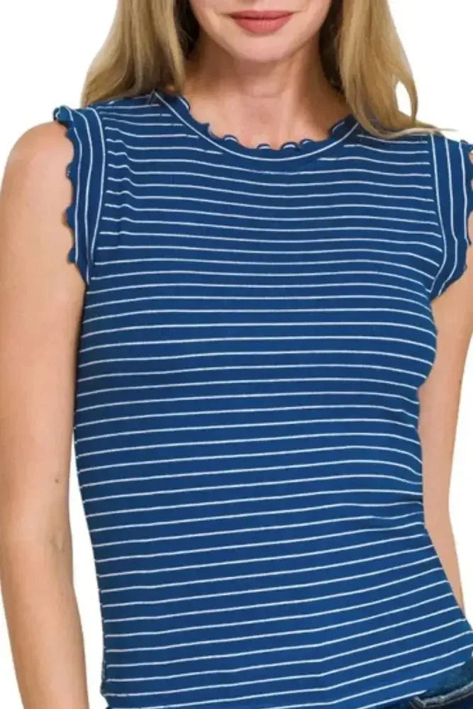 Zenana Ribbed Ruffle Trim Sleeveless Stripe Top - Update AvenueTanks & CamisTrendsi100100369111476100100369111476bb77035d - 59d8 - 4f62 - a8e2 - 1f17c3174577 - Max - OriginLT NAVY/WHITE