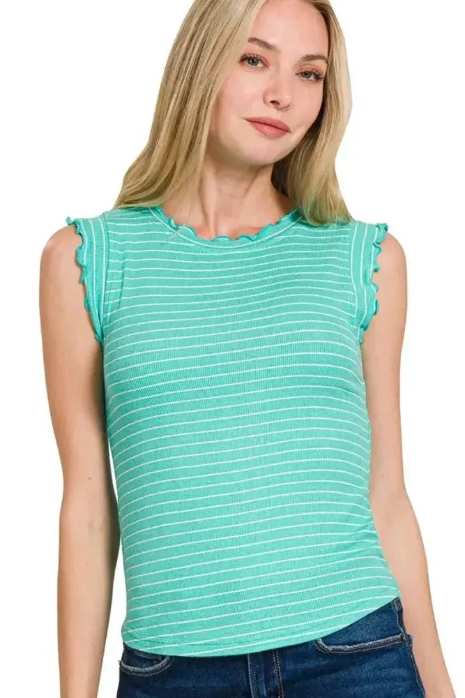 Zenana Ribbed Ruffle Trim Sleeveless Stripe Top - Update AvenueTrendsi100100579601815100100579601815d8fb8e02 - 4cc5 - 4f16 - a2d2 - 82621d01cf53 - Max - OriginMINT/WHITE