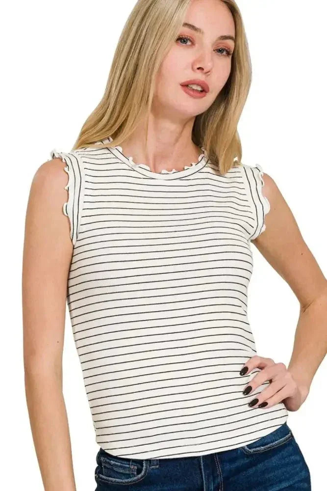 Zenana Ribbed Ruffle Trim Sleeveless Stripe Top - Update AvenueTrendsi100100942391969100100942391969e5325b9a - 5dd0 - 4f65 - 8f69 - 3e3fc89212f5 - Max - OriginWHITE/BLACK