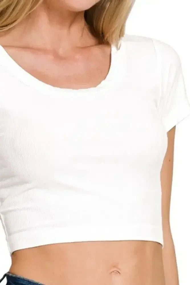 Zenana Ribbed Scoop Neck Crop Short Sleeve Top - Update AvenueT-ShirtsTrendsi1001003677517781001003677517786bdfed11 - 5cba - 4634 - a70c - 1a2440fb4ad9 - Max - OriginWHITE