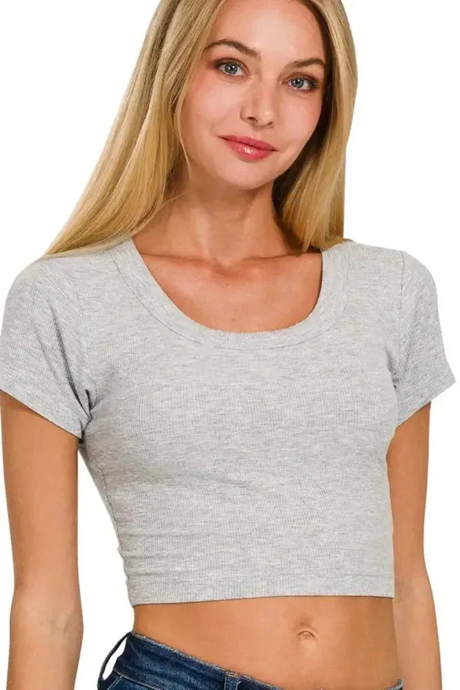 Zenana Ribbed Scoop Neck Crop Short Sleeve Top - Update AvenueT-ShirtsTrendsi1001005343518581001005343518582c45e348 - 6d53 - 45b5 - bb27 - 9dcf8e7e463f - Max - OriginH GREY