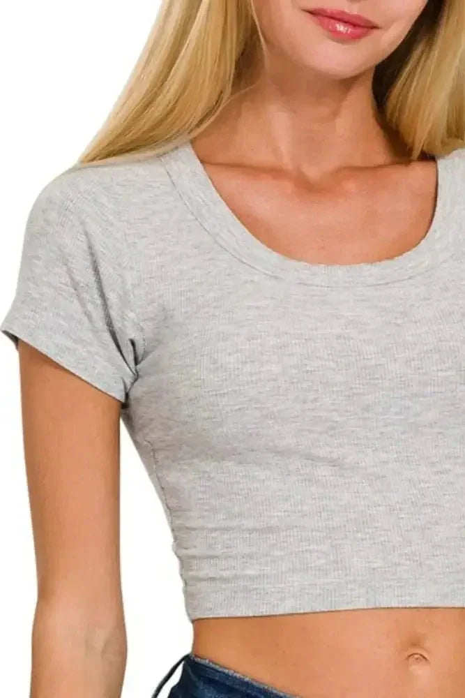 Zenana Ribbed Scoop Neck Crop Short Sleeve Top - Update AvenueT-ShirtsTrendsi10010053435185810010053435185820f50b0b - 71bc - 494c - 9e03 - 7d0950be1de2 - Max - OriginH GREY
