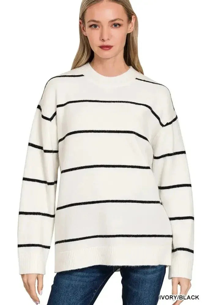 Zenana Round Neck Stripe Sweater - Update AvenueDaily EssentialsTrendsi100100801851958100100801851958af595c6307934656b8136ae3a8d65d38 - Max - OriginIVORY/BLACK