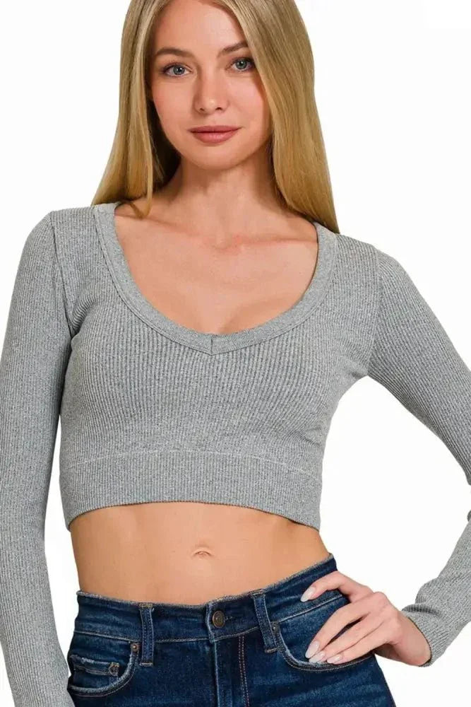 Zenana Seamless Fitted Rib V - neck Long Sleeve Crop Top - Update AvenueT-ShirtsTrendsi100100762161395100100762161395cf11cf69 - b30e - 4702 - b4c8 - 4d03e4990369 - Max - OriginH GREY