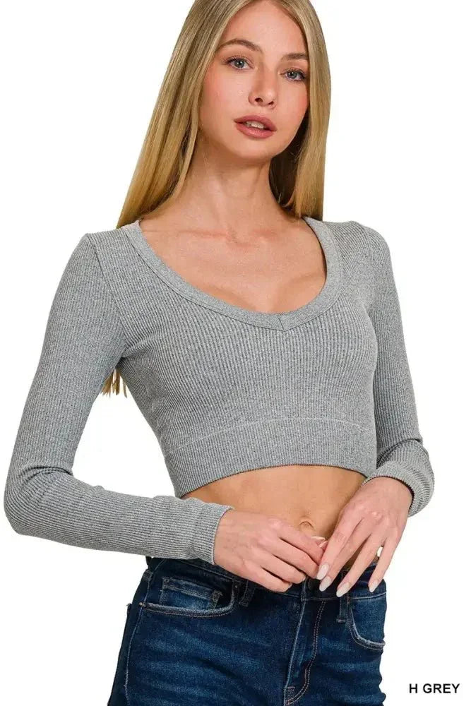 Zenana Seamless Fitted Rib V - neck Long Sleeve Crop Top - Update AvenueT-ShirtsTrendsi100100762161395100100762161395b37c9f642995481d925c0f79b6da40ea - Max - OriginH GREY