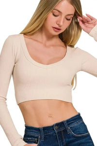 Zenana Seamless Fitted Rib V - neck Long Sleeve Crop Top - Update AvenueT-ShirtsTrendsi10010088418162910010088418162918b255b2 - 89ca - 430a - 87cf - 3df4a0a5731e - Max - OriginSAND BEIGE