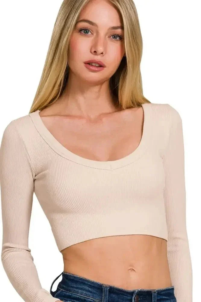 Zenana Seamless Fitted Rib V - neck Long Sleeve Crop Top - Update AvenueT-ShirtsTrendsi100100884181629100100884181629e106446a - 15a3 - 441d - bcf5 - e486ea68e03a - Max - OriginSAND BEIGE