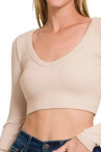 Zenana Seamless Fitted Rib V - neck Long Sleeve Crop Top - Update AvenueT-ShirtsTrendsi1001008841816291001008841816296c33682b - 988a - 4cfe - b558 - 28d32e4649b1 - Max - OriginSAND BEIGE