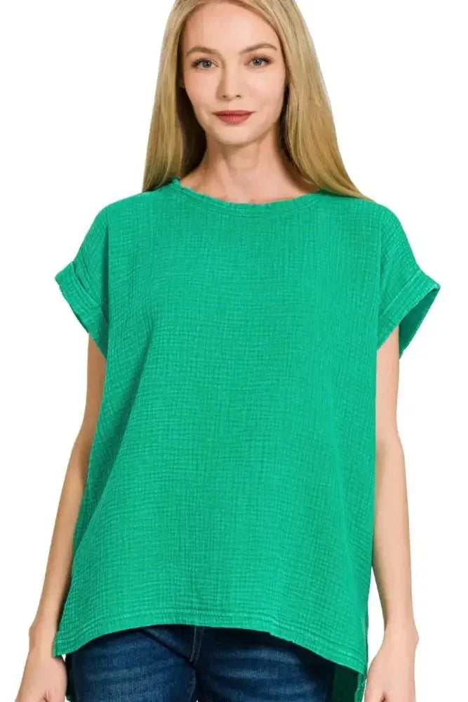 Zenana Woven Double Gauze Acid Washed Short Sleeve Top - Update AvenueT-ShirtsTrendsi1001000539718801001000539718807bcd6175 - 4ff5 - 4604 - a299 - d6c420df8d4e - Max - OriginK GREEN