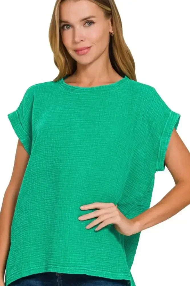 Zenana Woven Double Gauze Acid Washed Short Sleeve Top - Update AvenueT-ShirtsTrendsi1001000539718801001000539718807ce83e7e - d181 - 40ea - 9032 - e99dda4f0ce4 - Max - OriginK GREEN