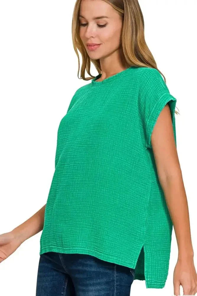 Zenana Woven Double Gauze Acid Washed Short Sleeve Top - Update AvenueT-ShirtsTrendsi1001000539718801001000539718804c1ba92b - 7ae0 - 440d - 8d1b - 010237c81989 - Max - OriginK GREEN