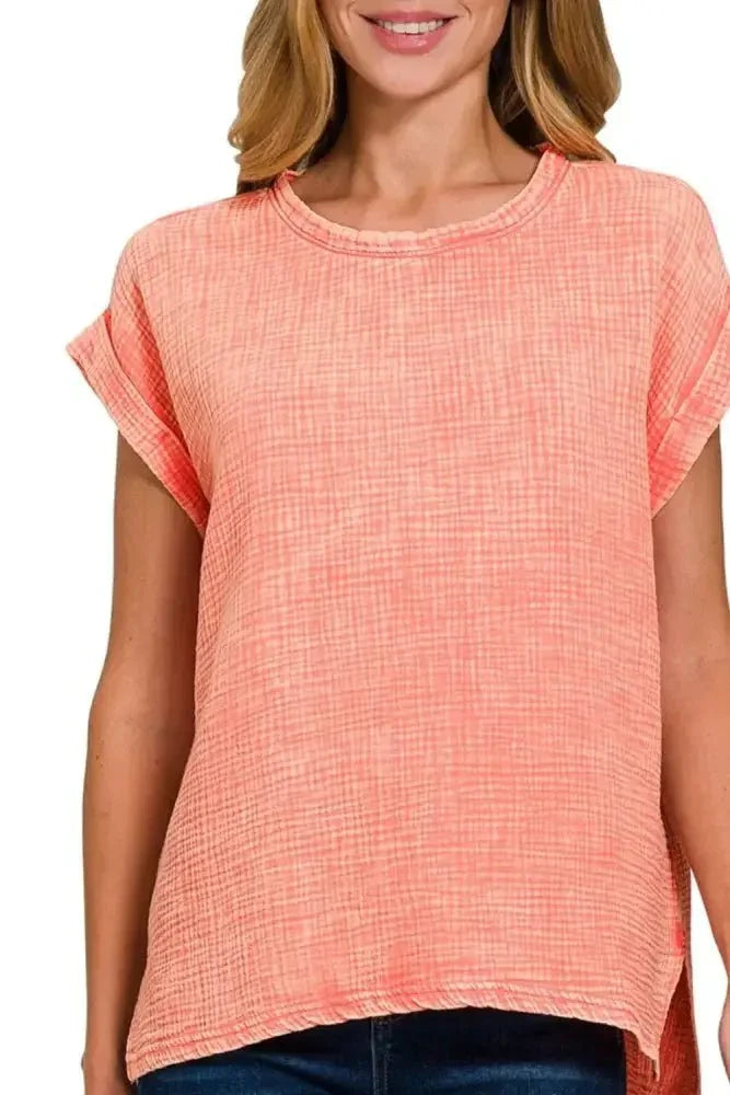 Zenana Woven Double Gauze Acid Washed Short Sleeve Top - Update AvenueT-ShirtsTrendsi100100724371151100100724371151b25baf20 - 92bc - 4249 - 8f73 - 8669cde8e9bb - Max - OriginCORAL