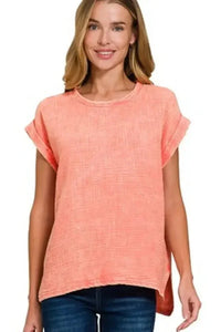 Zenana Woven Double Gauze Acid Washed Short Sleeve Top - Update AvenueT-ShirtsTrendsi100100724371151100100724371151ca014a5e - bda8 - 4da4 - a5bb - 8a7b337eff39 - Max - OriginCORAL