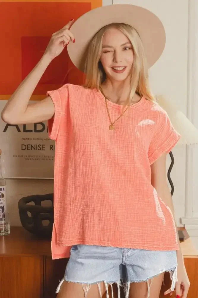Zenana Woven Double Gauze Acid Washed Short Sleeve Top - Update AvenueT-ShirtsTrendsi100100724371151100100724371151a6c40572 - 15bd - 4f73 - 8c5c - 6ce6b5fca8ac - Max - OriginCORAL