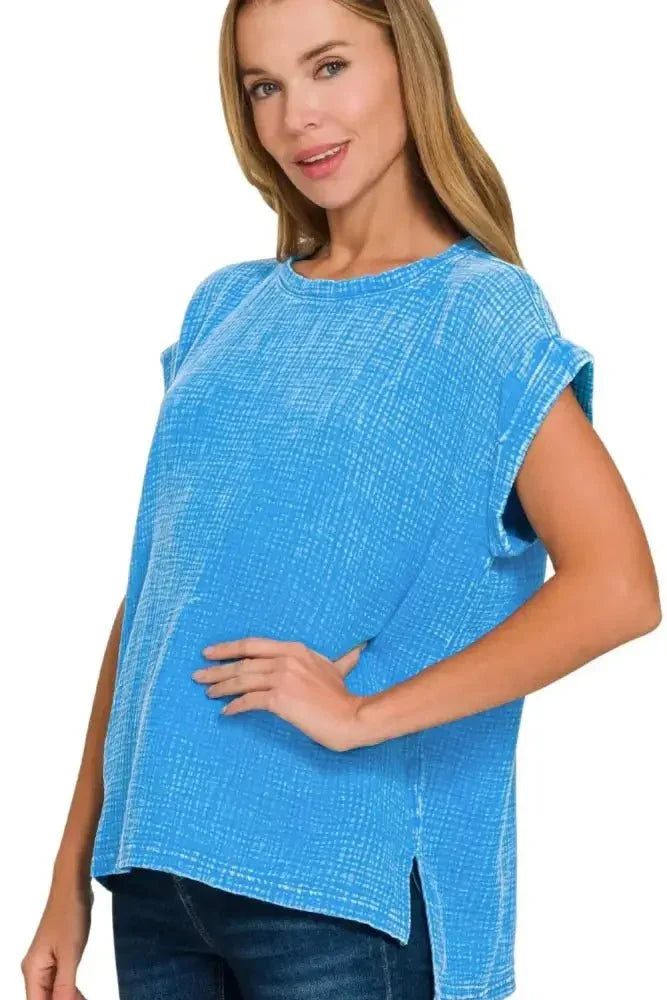Zenana Woven Double Gauze Acid Washed Short Sleeve Top - Update AvenueT-ShirtsTrendsi10010074699197810010074699197865b9e639 - eea0 - 4d37 - 8095 - f38f841e6ad9 - Max - OriginDEEP SKY