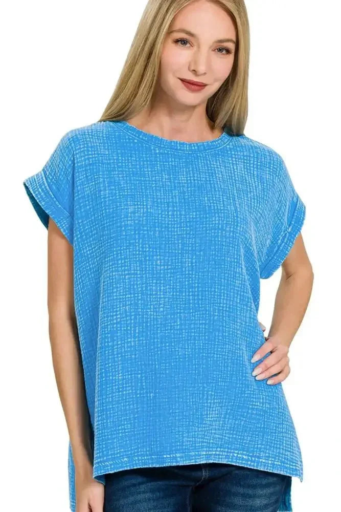 Zenana Woven Double Gauze Acid Washed Short Sleeve Top - Update AvenueT-ShirtsTrendsi100100746991978100100746991978d4da7e5d - f78f - 4df6 - 9f4d - abed03128657 - Max - OriginDEEP SKY