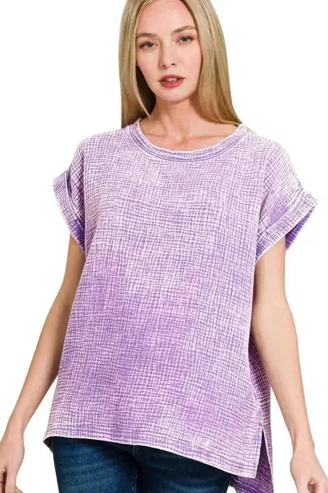 Zenana Woven Double Gauze Acid Washed Short Sleeve Top - Update AvenueT-ShirtsTrendsi1001009476517801001009476517800de49456 - 3840 - 4847 - a8ce - fb4d0ba2896d - Max - OriginLAVENDER